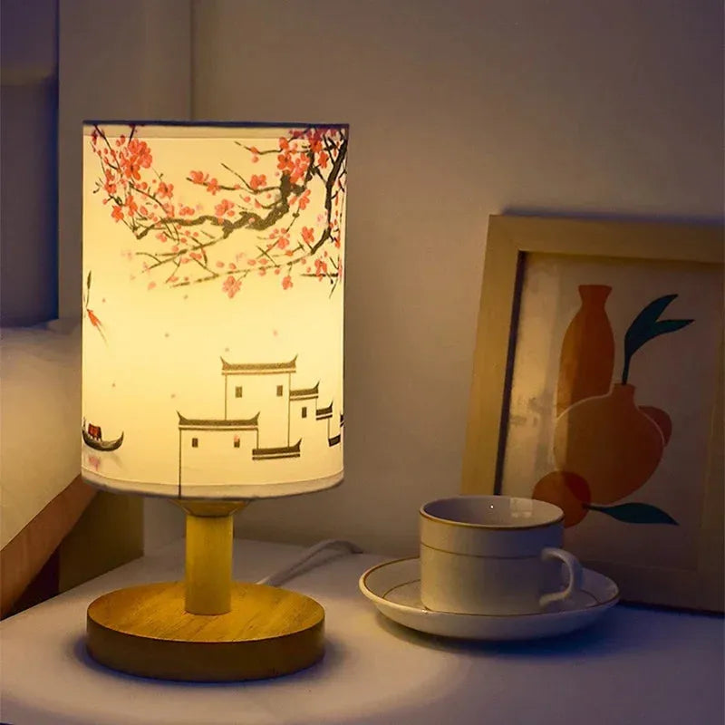LED Square Decoration Plum BlossomTable Lamps Dimmable EU Plug Night Light Chinese Style Fabric Simple Bedroom Bedside Lights
