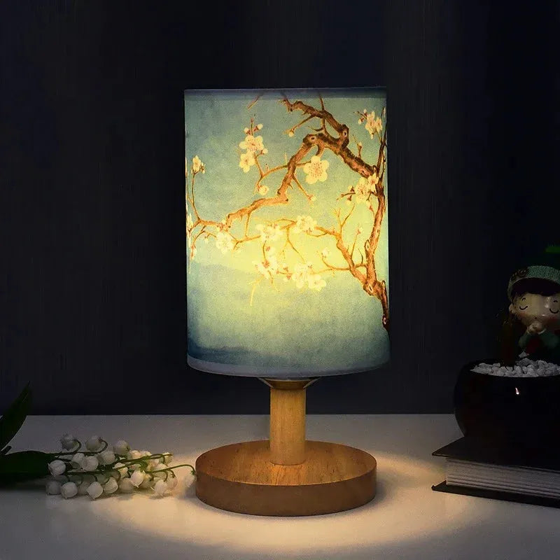 LED Square Decoration Plum BlossomTable Lamps Dimmable EU Plug Night Light Chinese Style Fabric Simple Bedroom Bedside Lights