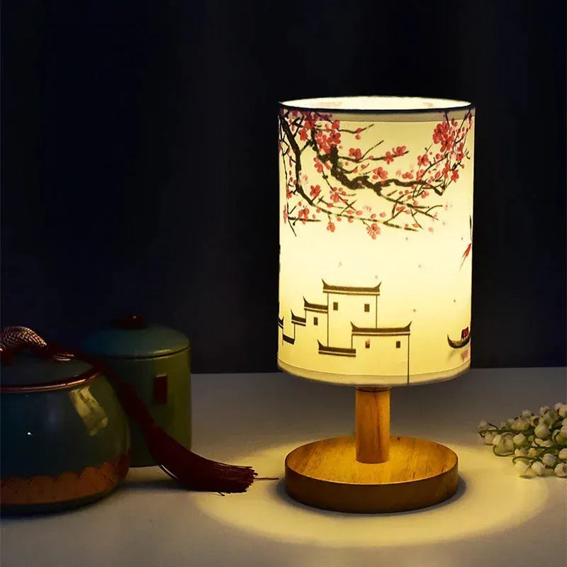 LED Square Decoration Plum BlossomTable Lamps Dimmable EU Plug Night Light Chinese Style Fabric Simple Bedroom Bedside Lights