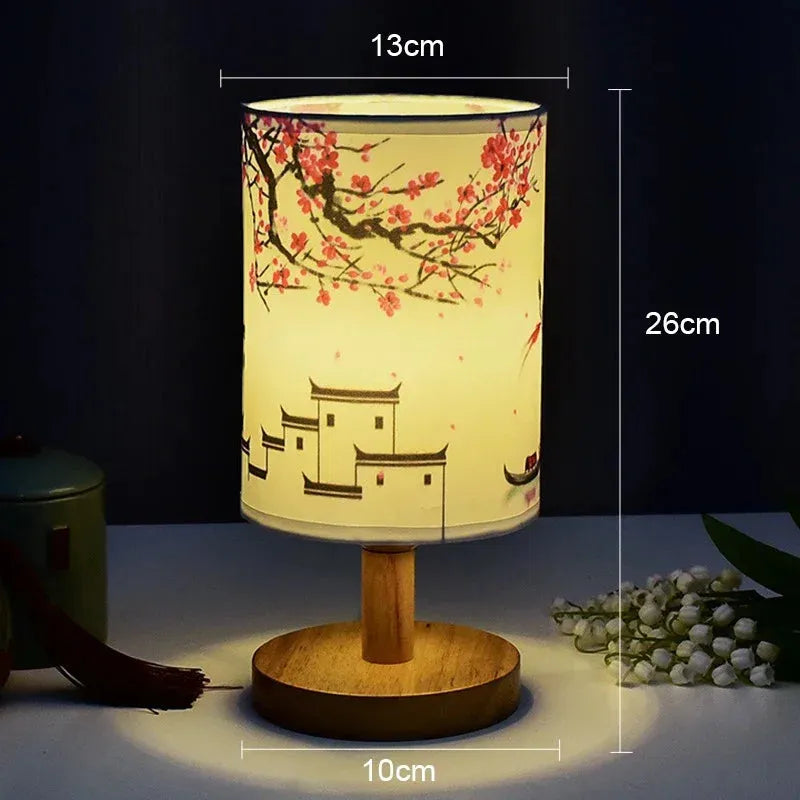 LED Square Decoration Plum BlossomTable Lamps Dimmable EU Plug Night Light Chinese Style Fabric Simple Bedroom Bedside Lights