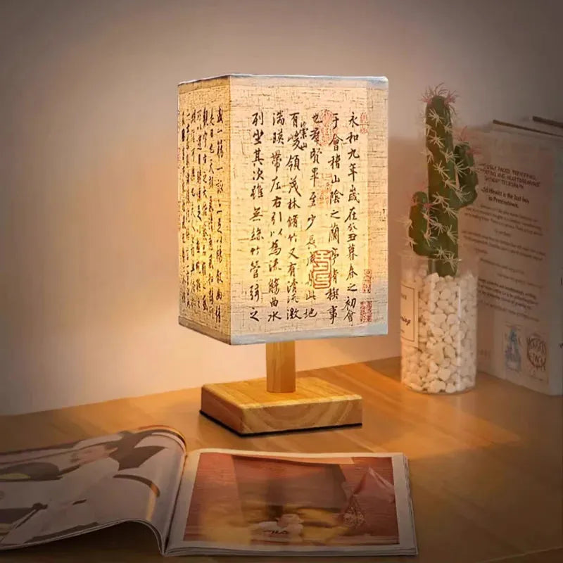 LED Chinese Style Table Lamps Dimmable USB Plug Square Simple Night Light Fabric Lampshade Bedroom Bedside Decor Desk Lights