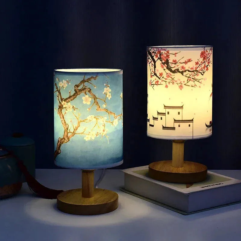 LED Square Decoration Plum BlossomTable Lamps Dimmable EU Plug Night Light Chinese Style Fabric Simple Bedroom Bedside Lights