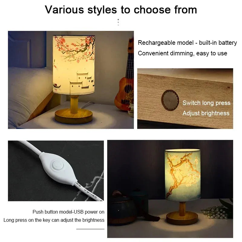 LED Square Decoration Plum BlossomTable Lamps Dimmable EU Plug Night Light Chinese Style Fabric Simple Bedroom Bedside Lights