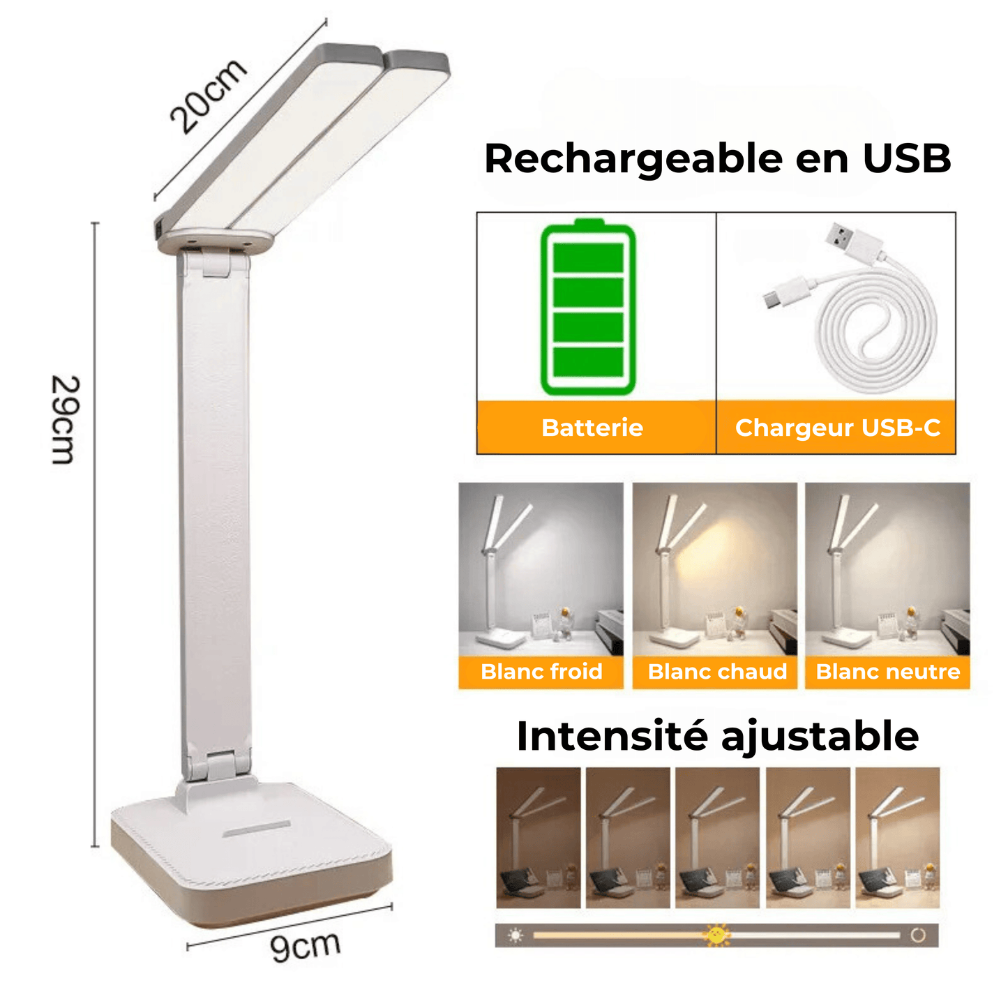 lampe de bureau rechargeable à 2 têtes blanche