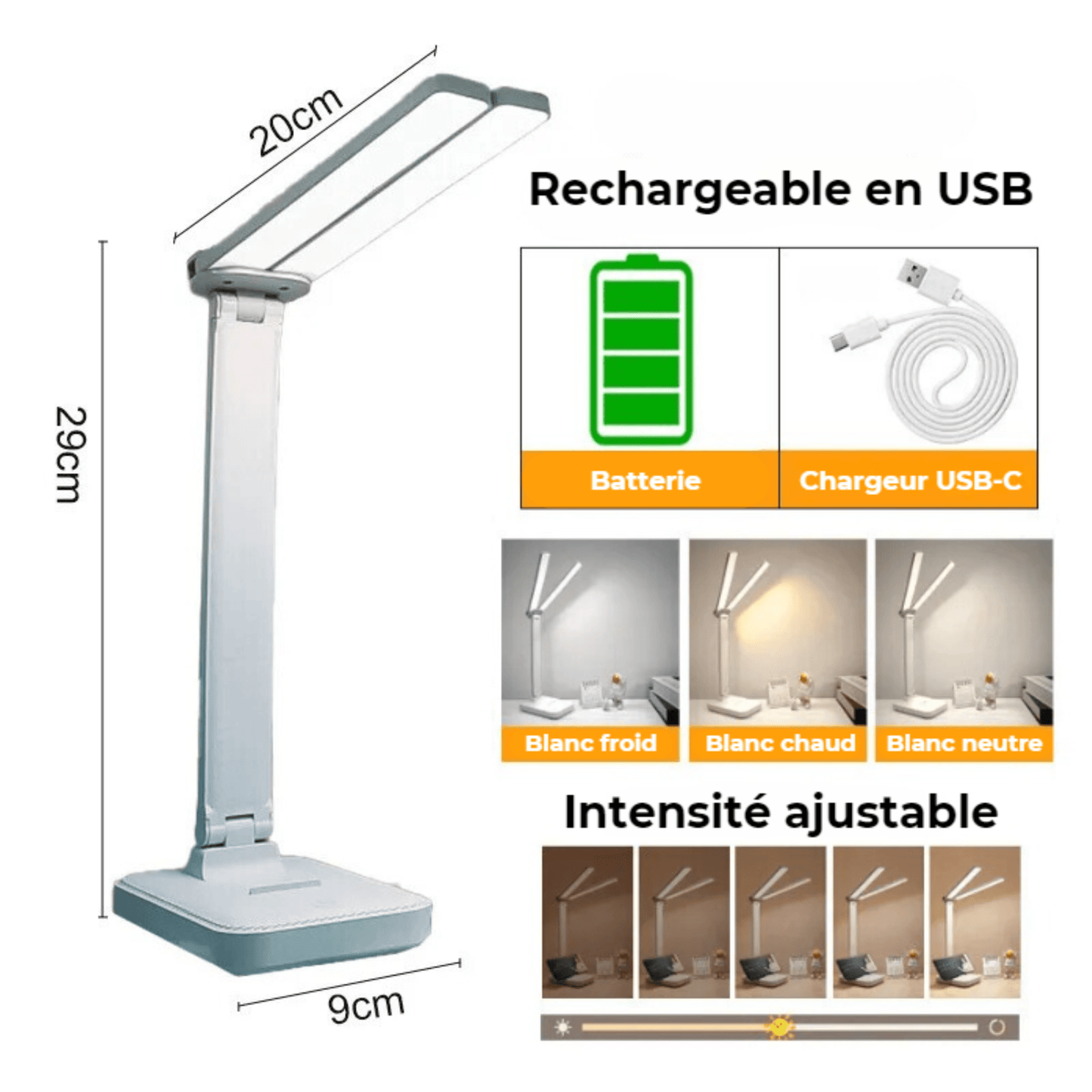 lampe de bureau rechargeable à 2 têtes bleue