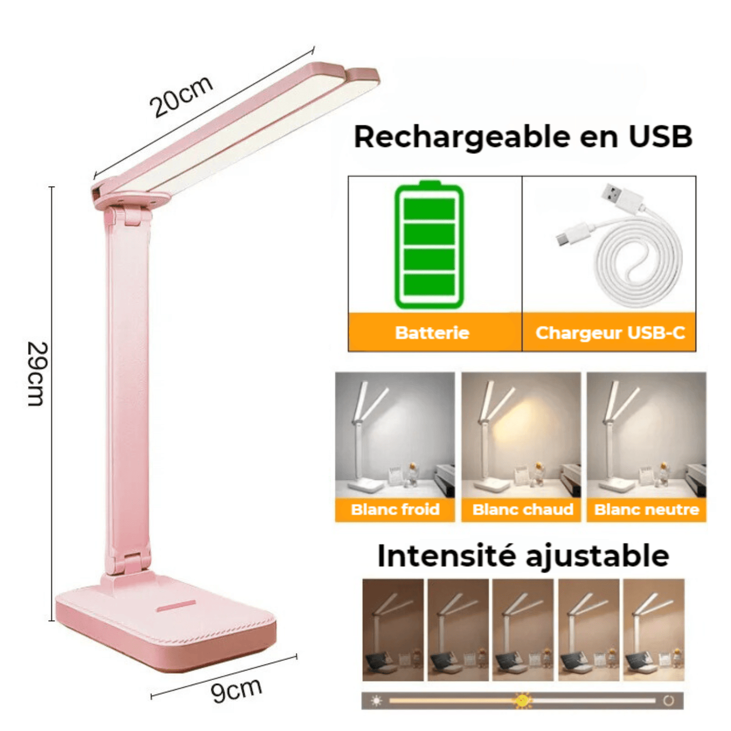 lampe de bureau rechargeable à 2 têtes rose