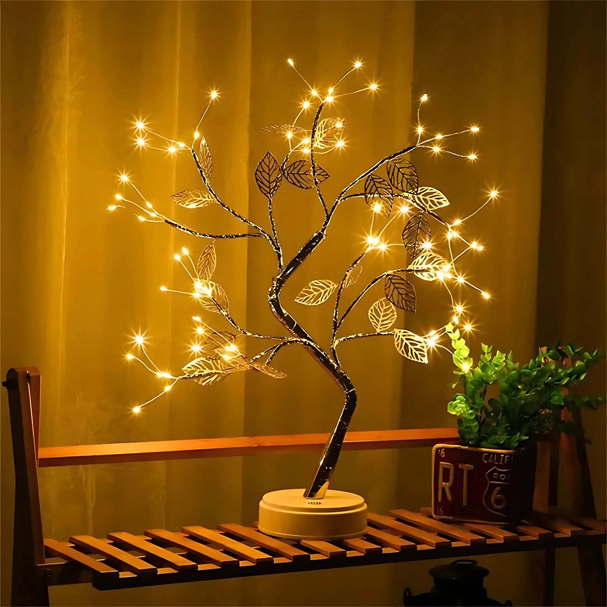 arbre lumineux led feuilles dorées allumé