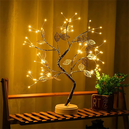 arbre lumineux led feuilles dorées allumé