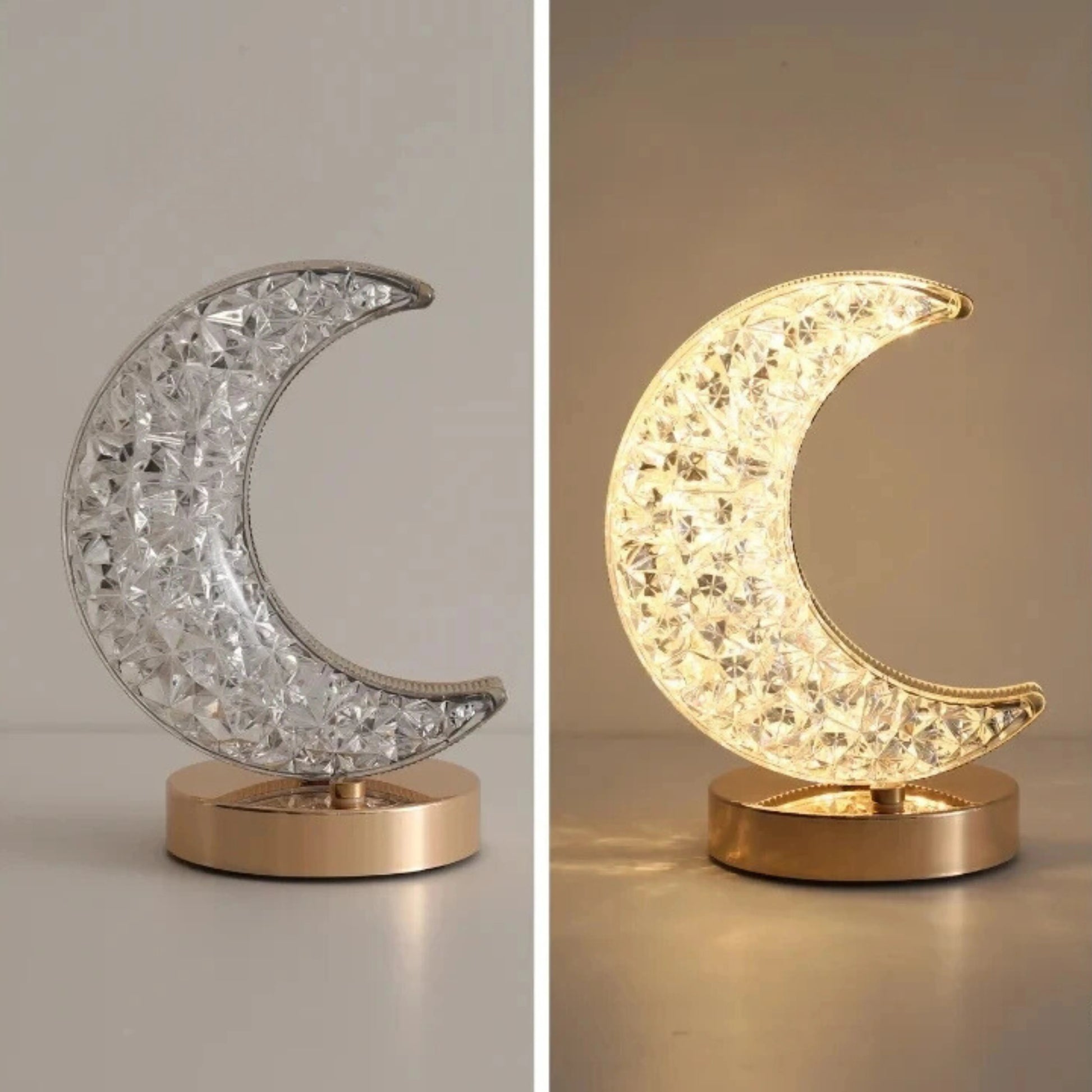 lampe croissant de lune éteinte et allumée