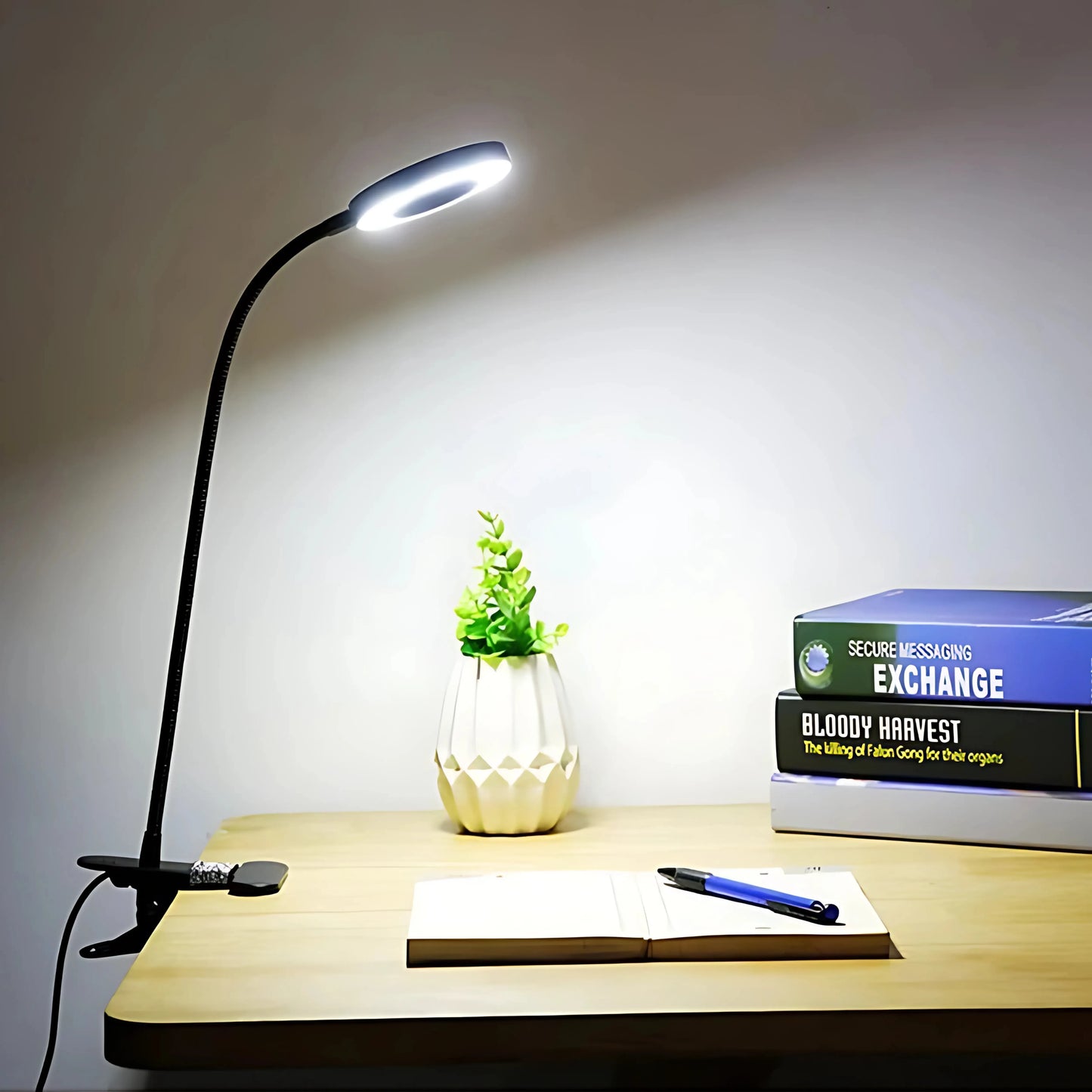 lampe de bureau à pince allumée