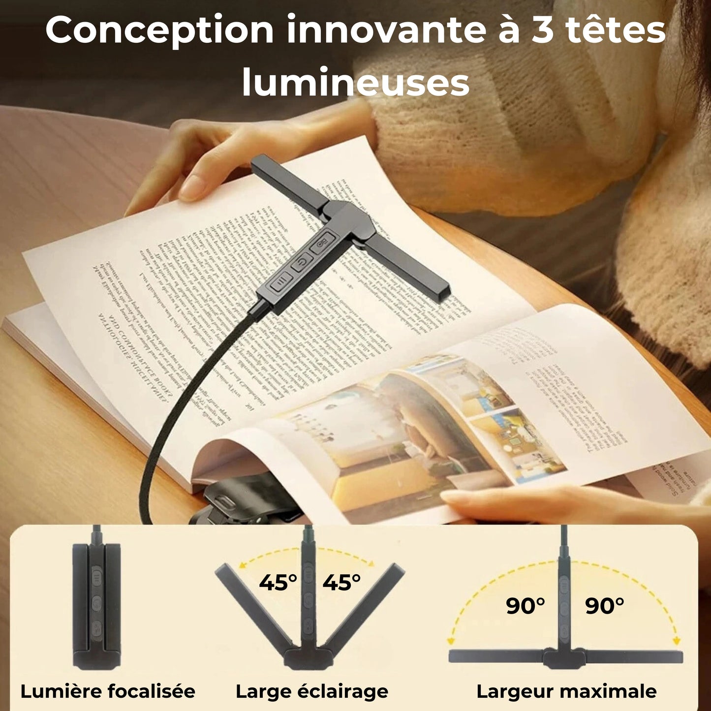 lampe de lecture a pince 3 têtes caractéristiques