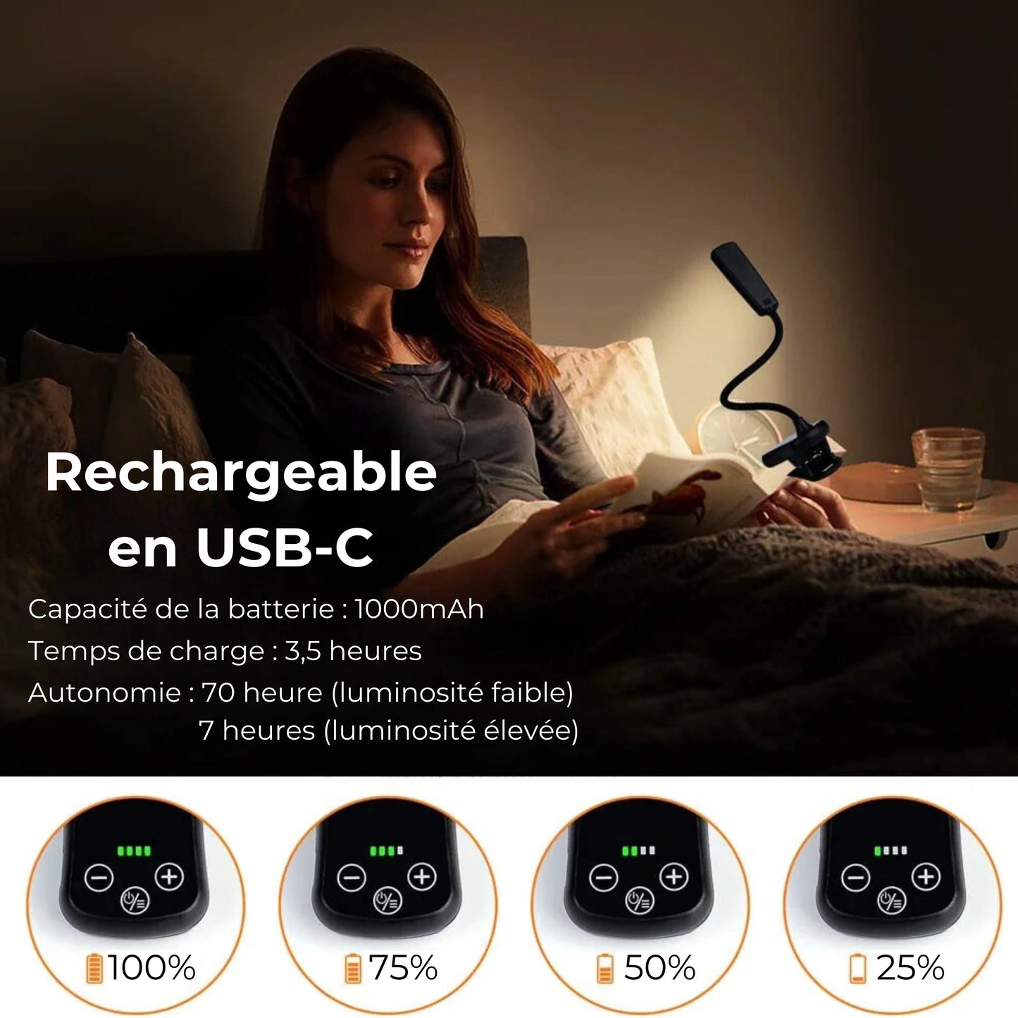 lampe de lecture à pince 16 leds luminosité