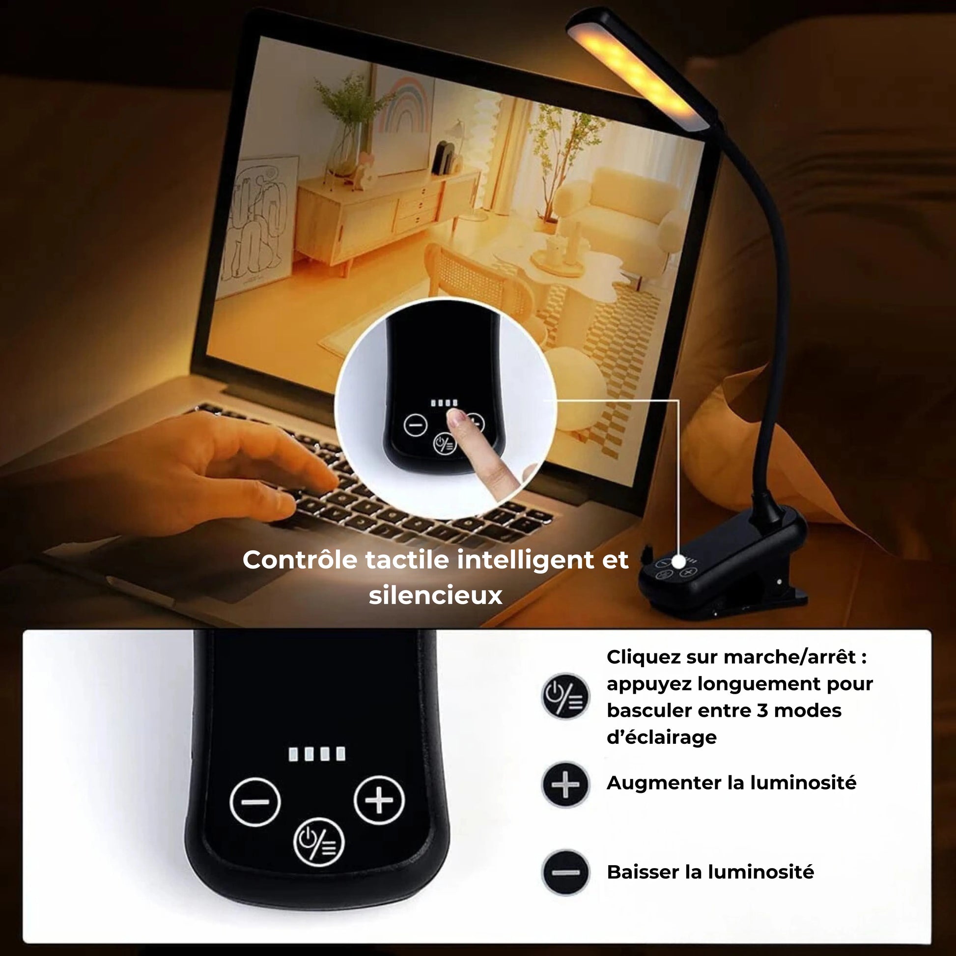 lampe de lecture à pince 16 leds contrôle tactile