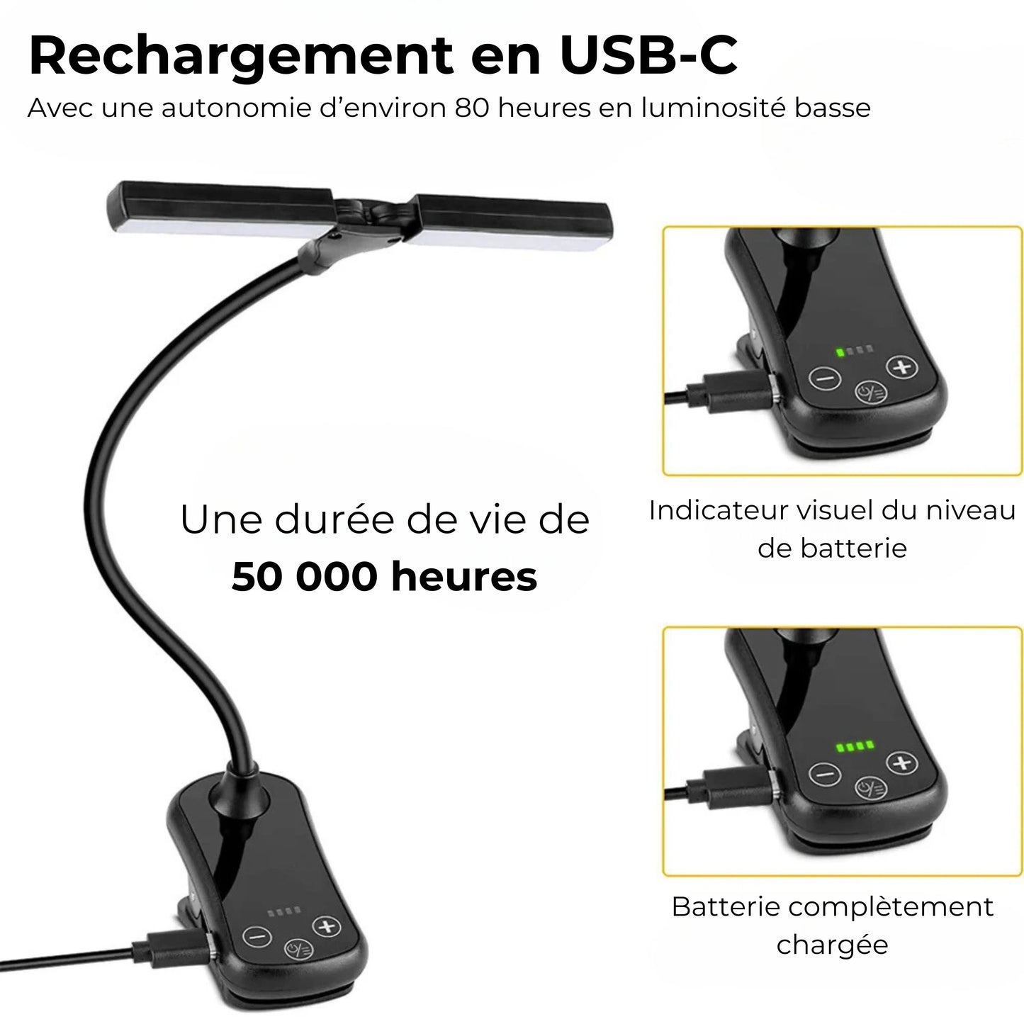 lampe de lecture à pince 2 têtes caractéristiques