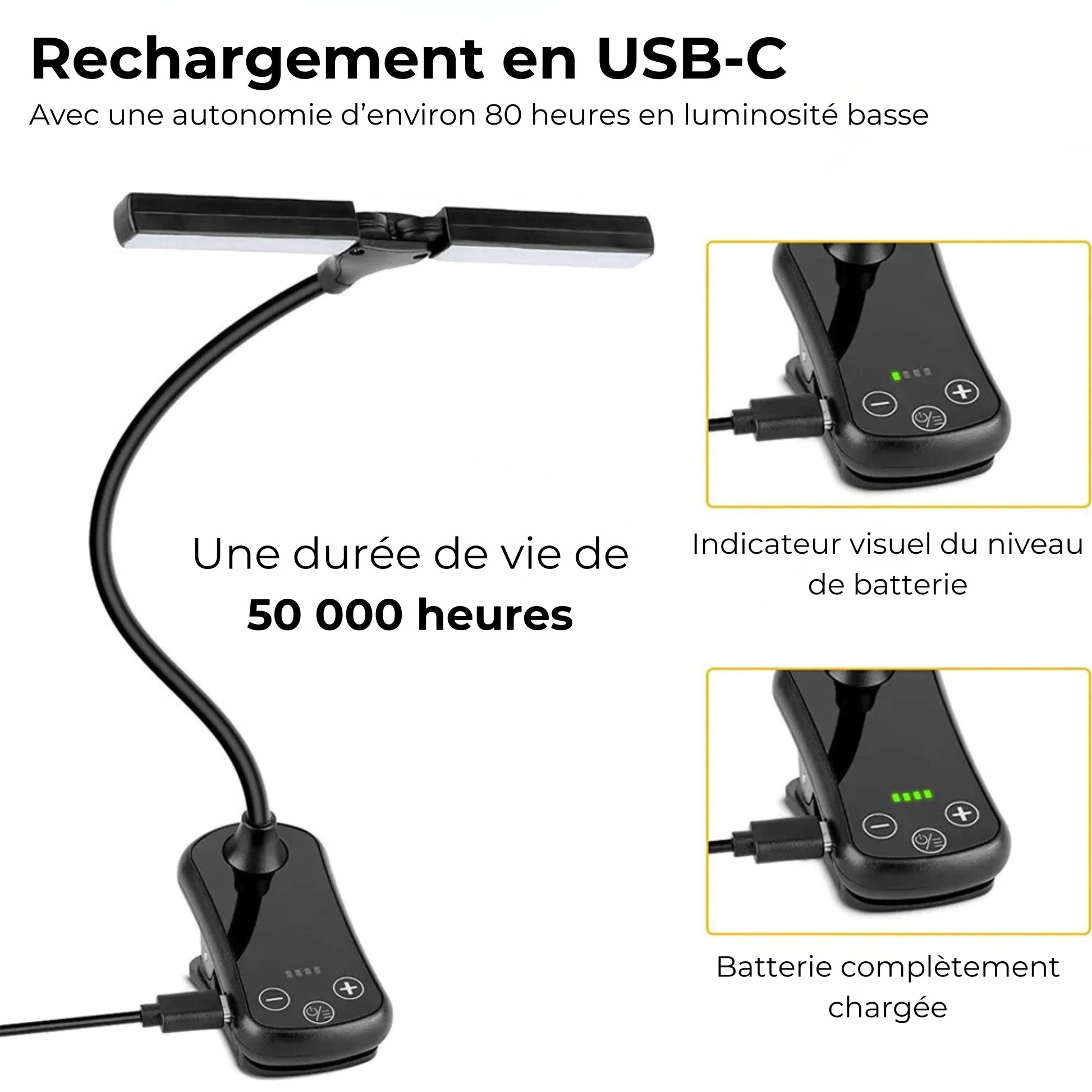 lampe de lecture à pince 2 têtes caractéristiques