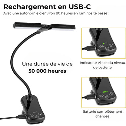 lampe de lecture à pince 2 têtes caractéristiques