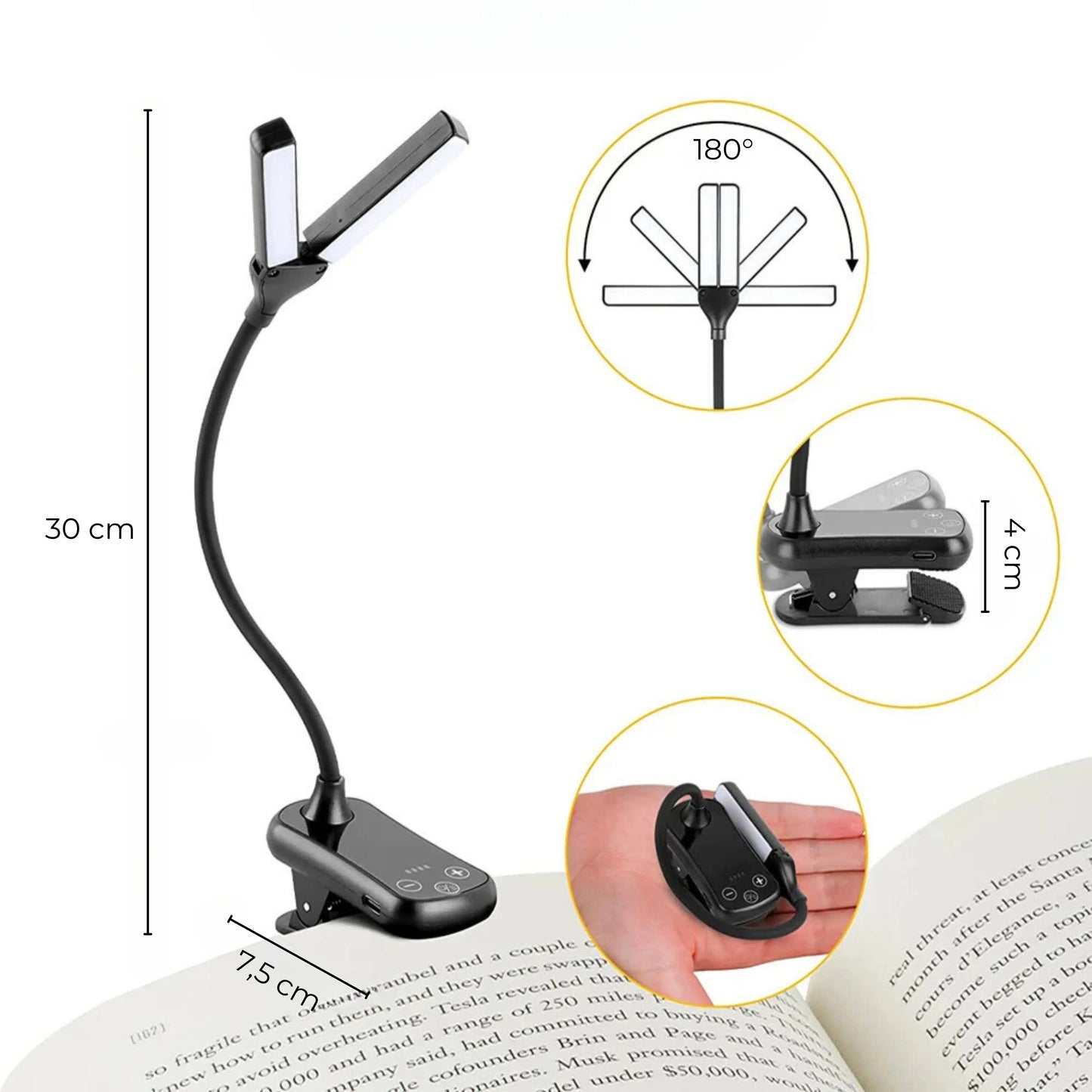 lampe de lecture à pince 2 têtes dimensions