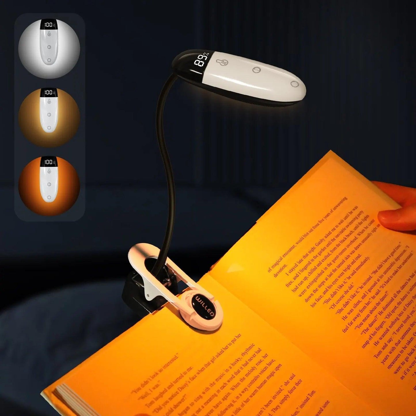 lampe de lecture à pince rechargeable avec niveau de batterie 3 modes d'éclairage