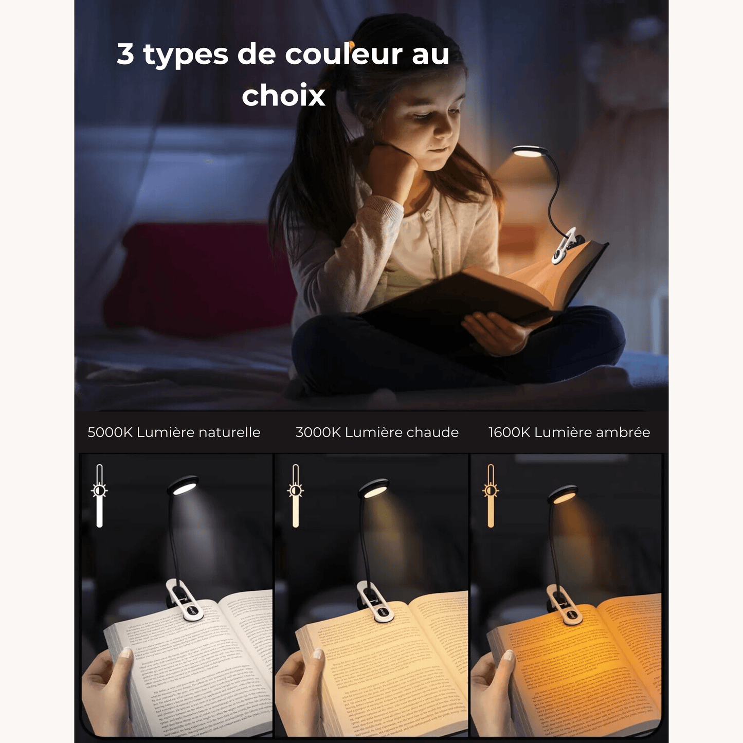 lampe de lecture à pince rechargeable avec niveau de batterie 3 modes d'éclairage 2