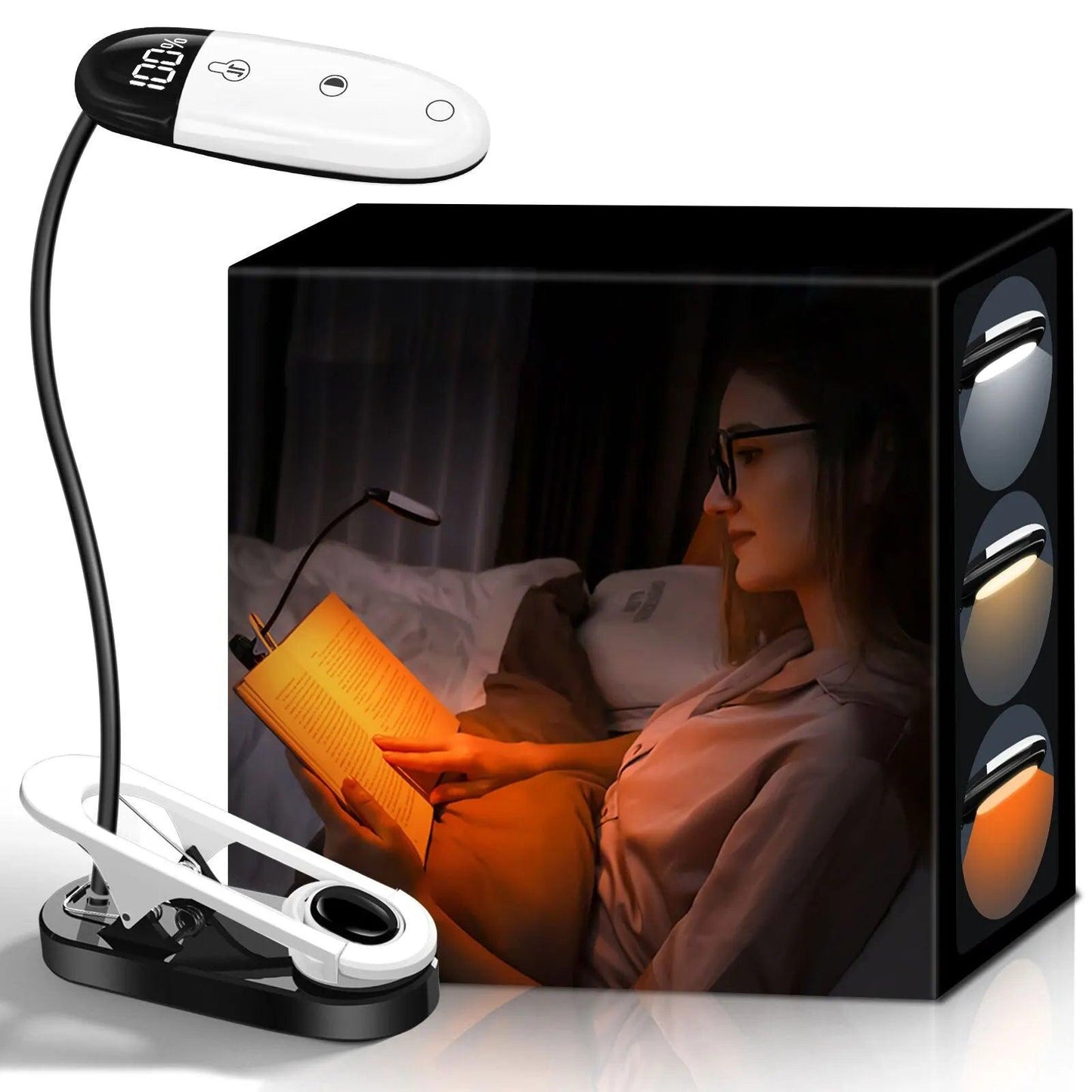 lampe de lecture à pince rechargeable avec niveau de batterie packaging