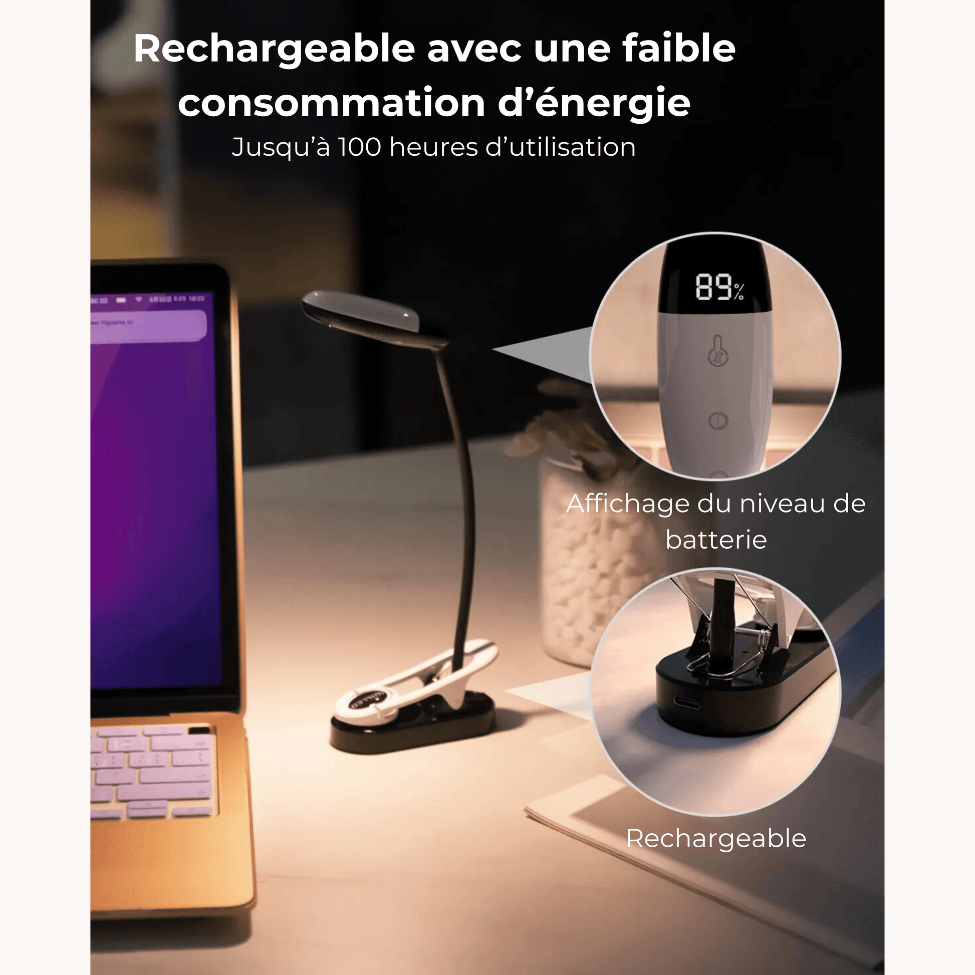lampe de lecture à pince rechargeable avec niveau de batterie rechargeable