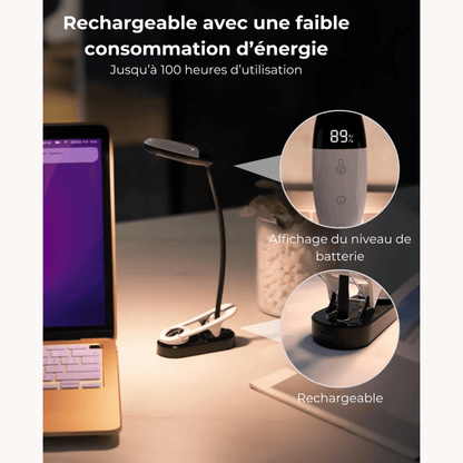 lampe de lecture à pince rechargeable avec niveau de batterie rechargeable