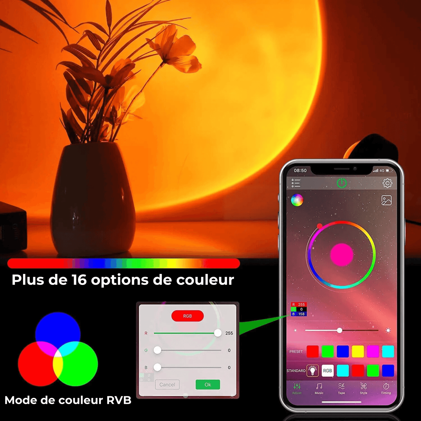lampe effet coucher de soleil couleurs