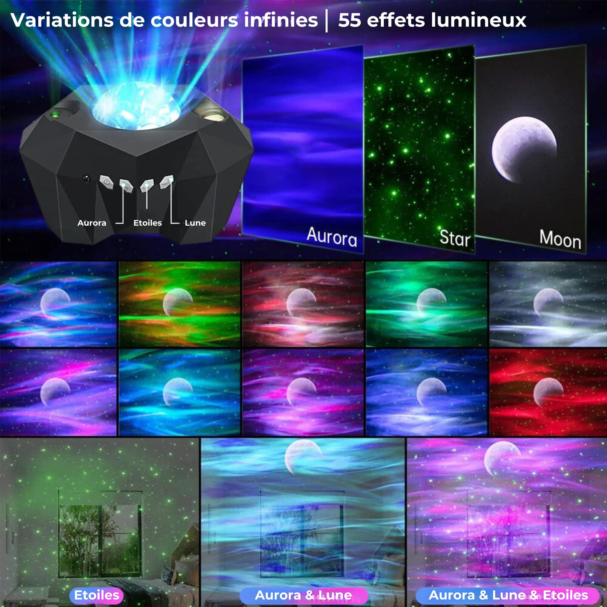 projecteur d'aurores boréales galaxy moon couleurs